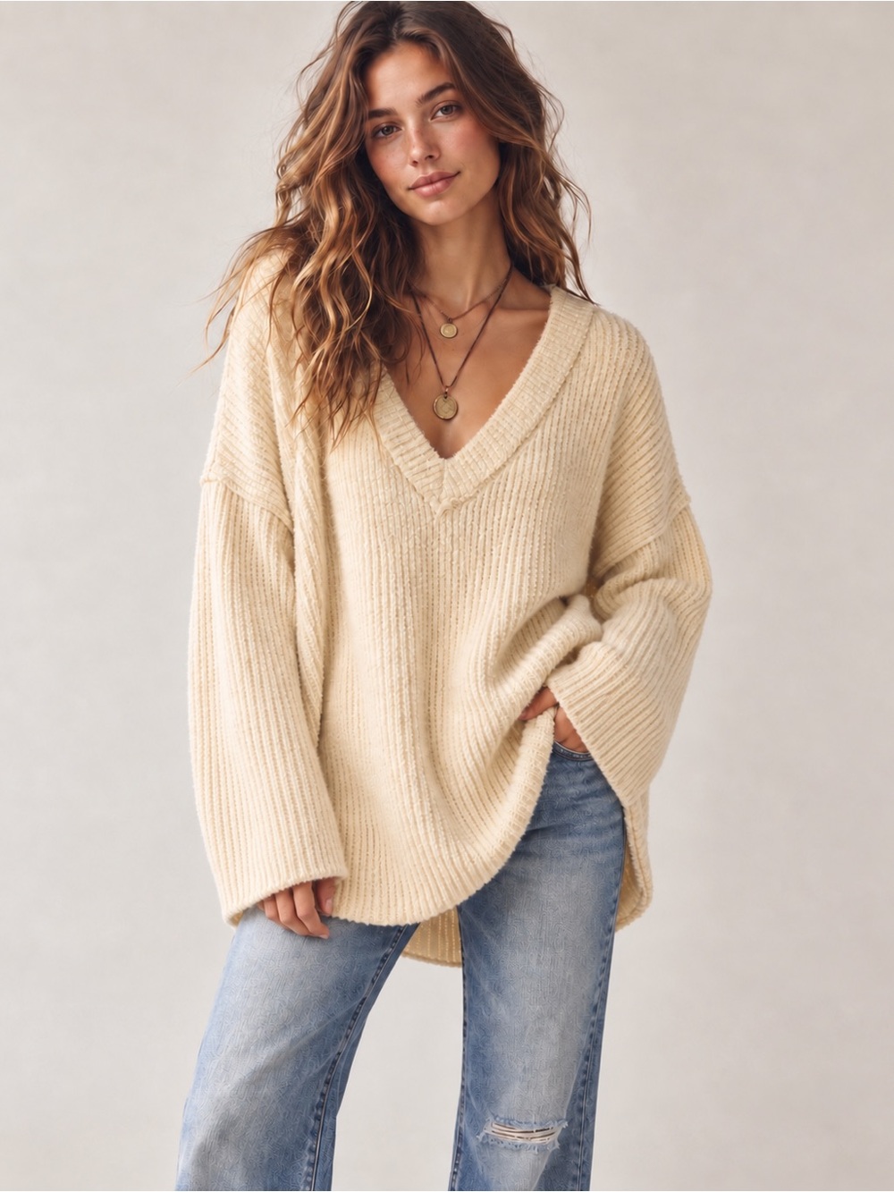 NWT By Together Oversized V Neck Sweater Cream Textured Knit Slouchy Boho